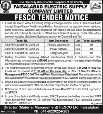 Faisalabad Electric Supply Company Tender Notice